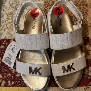 Michael Kors Girls White Sandals with Gold MK Logo and Pastel Strap